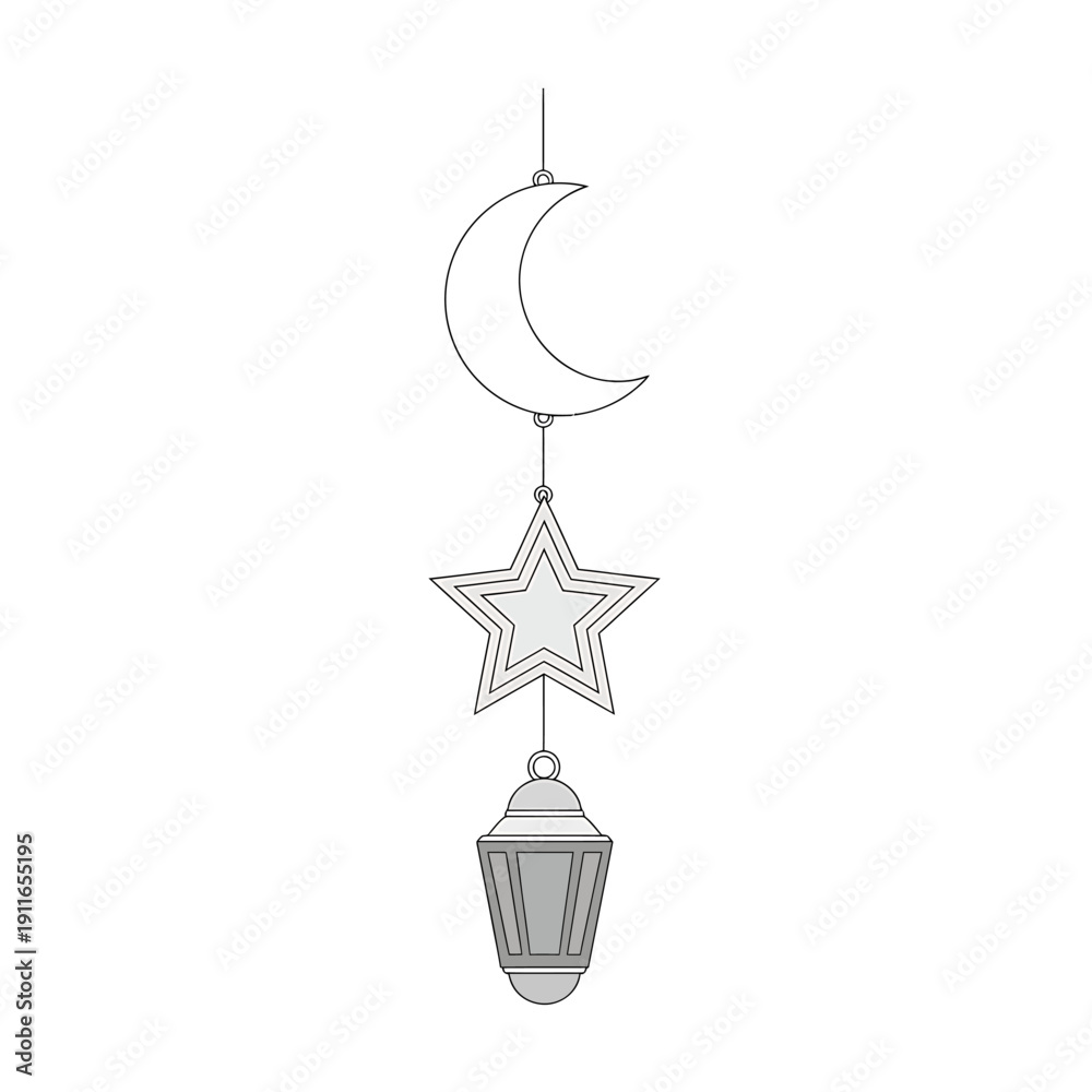 Fototapeta premium Crescent moon, star, and lantern hanging decorations displayed in a minimalist illustration