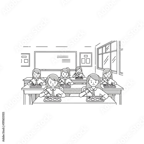 Students eating lunch in a school cafeteria, illustration of a classroom setting during mealtime
