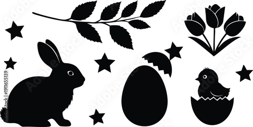 Black silhouette vector art of easter bunny sitting near cracked egg and hatching chick surrounded by stars leaf branch and tulip flowers symbols in flat design