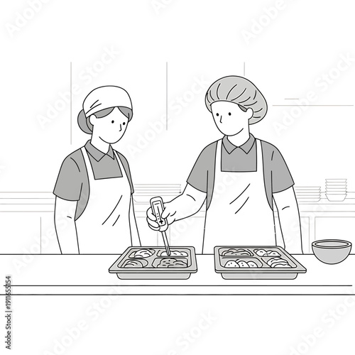 Two kitchen staff in aprons are working together in a bright, clean kitchen preparing food in trays