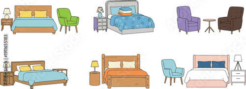 Bedroom Furniture Collection with Beds Nightstands Armchairs and Side Tables in Hand Drawn Flat Vector Style