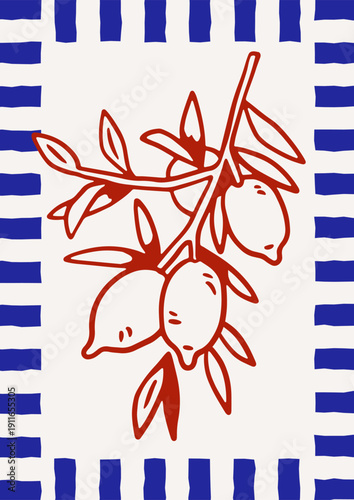 Lemon branch, Dolce vita doodle card design. Summer citrus tree with fruits, ...