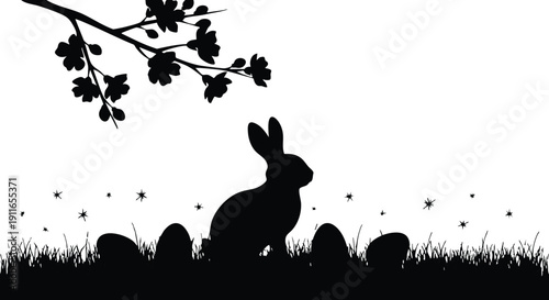 Silhouette of a bunny sitting among grass and eggs under a tree branch with leaves and star shapes in a black and white vector design