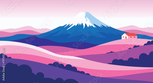 A stylized landscape depicts a snow-capped mountain and a small house.