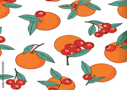 Seamless persimmon and berry fruit pattern vector illustration with fresh orange fruits and leaves, modern botanical background design