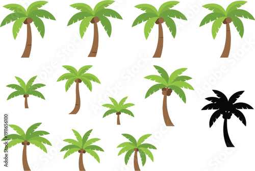 Green Palm Tree Collection with Different Tropical Island Plants and One Black Silhouette Vector Illustration Set