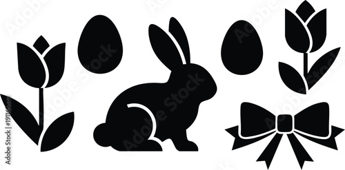 Minimalist black silhouette vector art of bunny with two eggs two tulip flowers and a decorative bow in simple modern flat style