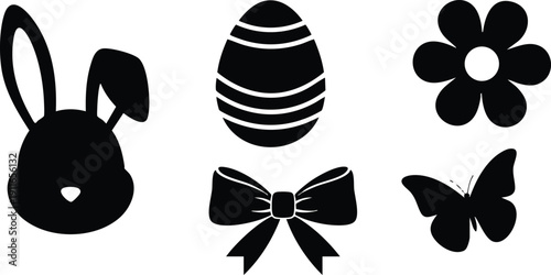 Simple black silhouette icons of bunny head with ears floral flower butterfly egg and bow decoration isolated on white background vector art