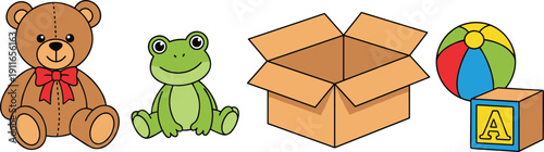 Children Toys Vector Illustration Set Featuring Teddy Bear Frog Plush Open Cardboard Box Colorful Ball and Alphabet Block