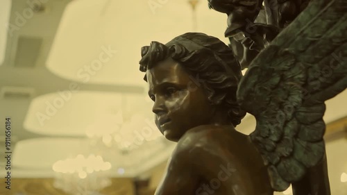 Statue of a little angel in a European hotel. Bronze statue of a child angel with wings.