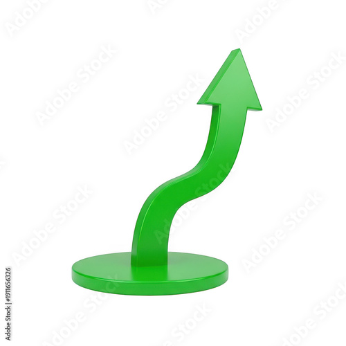 3d green arrow with curved stem pointing upwards isolated on transparent background