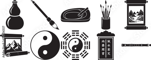 Chinese cultural symbols: calligraphy brush, ink stone, yin yang, ba gua, scrolls, flute