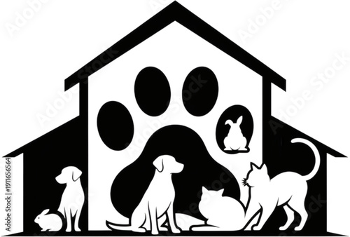A heartwarming illustration depicting a safe and welcoming animal shelter, featuring a house with a prominent paw print and a variety of domestic pets