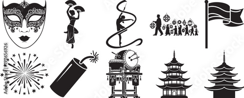 Chinese festival icons: mask, dancers, lanterns, fireworks, firecrackers, pagoda, flag