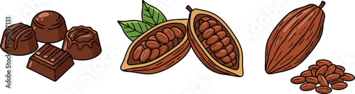 Chocolate Candies and Cocoa Pods with Beans Set in Detailed Hand Drawn Flat Vector Illustration