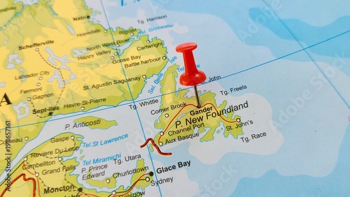 Fotografie View of Gander, Newfoundland and Labrador, Town in province of Newfoundland and Labrador, Canada, on geographical map of America, marked with a red push pin
