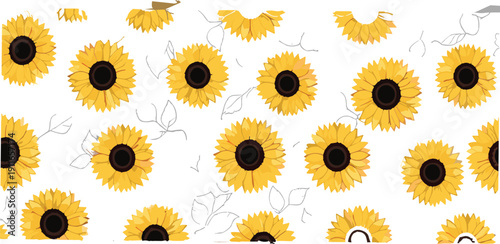 Seamless sunflower floral pattern vector illustration with bright yellow flowers and minimal line leaves decorative background design