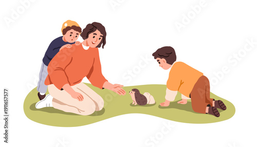 Mother and kids meeting hedgehog outdoors. Happy family, mom and curious excited children exploring nature together, looking at animal on grass. Flat vector illustration isolated on white background