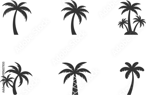 Black Palm Tree Silhouette Set with Tropical Island Beach Nature Vector Illustration Collection