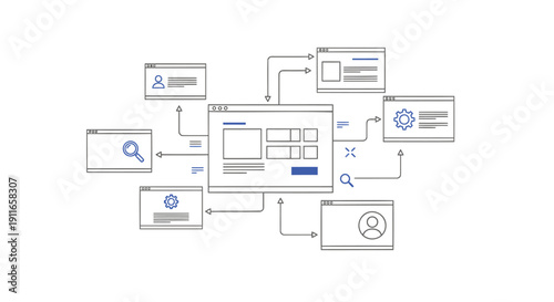 Vector illustration of a complex network diagram with interconnected windows and icons on a transparent background