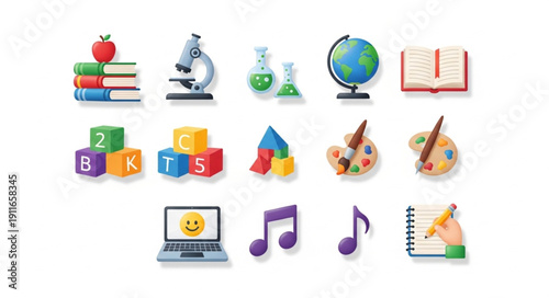 Collection of educational and learning icons on white background.