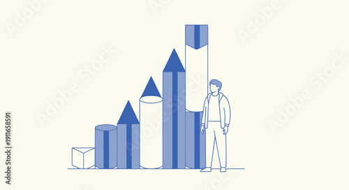 Vector illustration of a person standing next to a blue bar chart with arrows pointing upwards