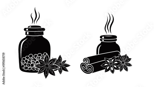 Black and White Illustration of Spice Jars with Star Anise and Cinnamon Sticks
