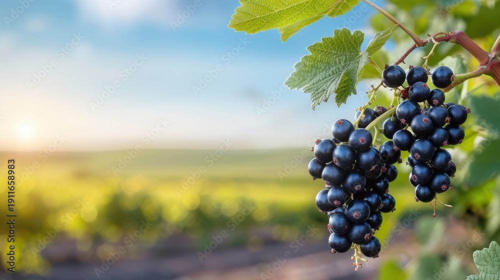 Fototapeta premium Black currant bush with clusters of ripe black currants hanging from branches under a clear blue sky, showcasing a bountiful harvest.