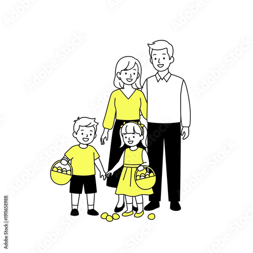 Happy family collecting Easter eggs together in a joyful scene.