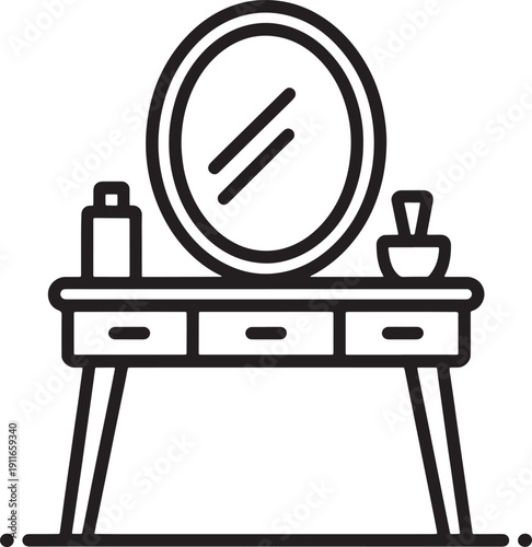 Black and white line drawing of a dressing table with mirror