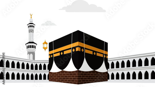 Kaaba in Mecca Surrounded by Mosque and Minaret