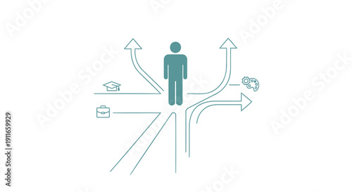 Teal vector illustration of a person at a crossroads with multiple arrows and icons
