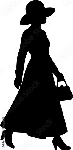 Elegant Woman Silhouette Walking Profile with Wide-Brimmed Hat and Handbag
