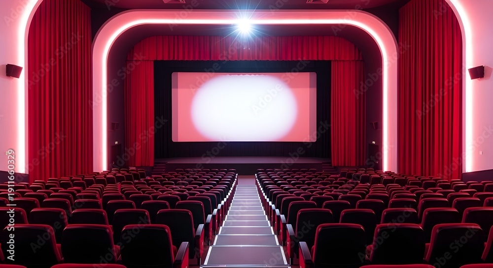 Fototapeta premium Empty cinema with red seats, stage, and large screen, dramatic lighting
