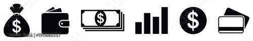 Money and finance icons set, bag of cash, wallet, banknotes, growth chart, coin and credit cards