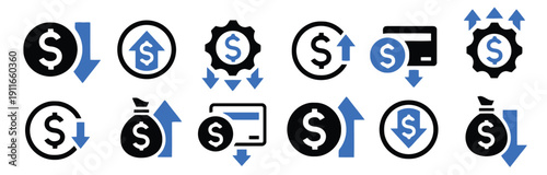 Money and finance icons showing dollar signs coins credit cards and graphs indicating growth and decline