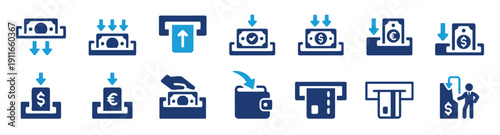 Money and finance icons with cash, wallet, and ATM transactions