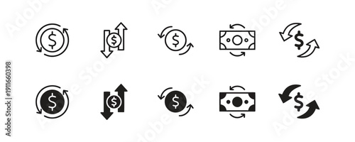 Money exchange icons in outline and solid fill, currency and finance symbols