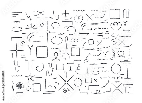 Black grunge doodle arrow set. Freehand sketchy cliparts in rough brush stroke style. Simple hand drawn vector overlays for social media and emphasis. Distressed pointers pack. Graphic design elements