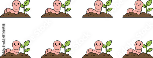 Cute Earthworm Characters in Soil with Green Sprout Set in Hand Drawn Flat Cartoon Vector Illustration