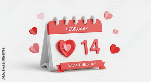 Adobe Illustrator Artwork, Valentine’s Day February 14 Calendar Icon with Hearts, Romantic Love Reminder Date, 3D Paper Calendar Illustration for Couples, Relationship, Wedding, Event Planning and Hol