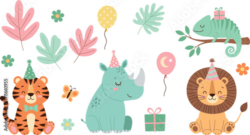 Cute birthday party animal illustration set with tiger, rhinoceros, lion, chameleon, balloons, gifts, and festive leaves for kids and nursery designs
