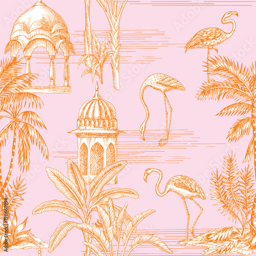 Jungle toile seamless pattern. Tropical palms, banana tree, flamingo, pavilion vector wallpaper.
