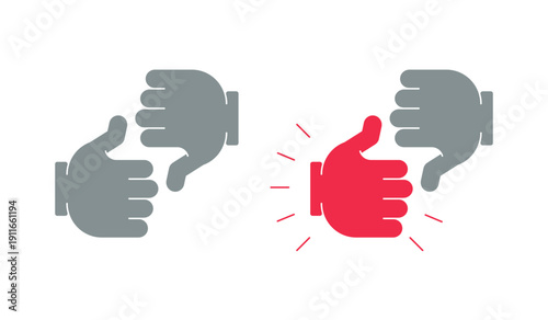 Thumbs up and down flat social media web button set. User feedback. Content voting. Reactions like dislike. Approve reject. Minimal modern design. Isolated interactive call-to-action elements pack