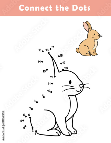 Dot to Dot Worksheet for Kids. Connect the dots to draw a cute rabbit. Illustration of rabbit. Coloring page.