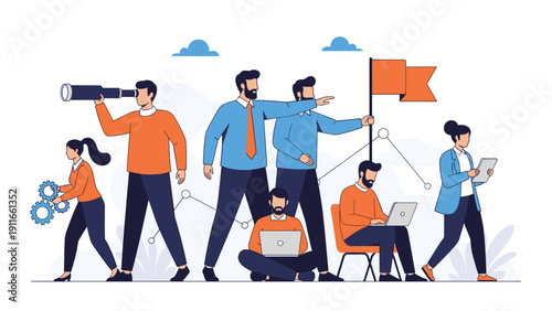 Diverse team of professional business people working together using laptops and tools while searching for success and new opportunities.