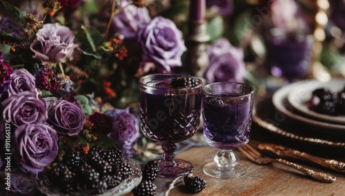 Enchanting Purple Elixirs with Blackberries, Deep Violet Roses, and Golden Accents on a Dark Table.