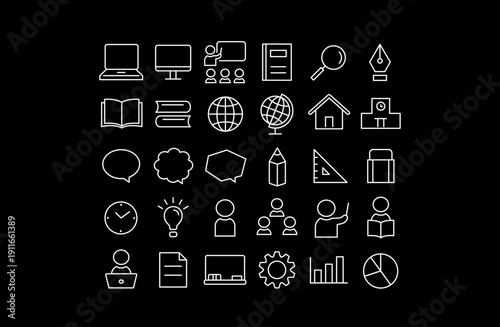 学校・勉強・教室のシンプルアイコンセット（黒背景・白線）