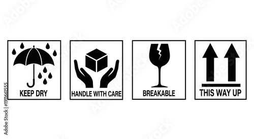 Series of black warning labels on white background illustrating handling instructions for fragile items