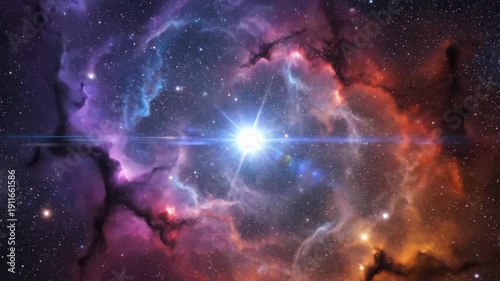 Bright star surrounded by colorful nebula gas and distant stars